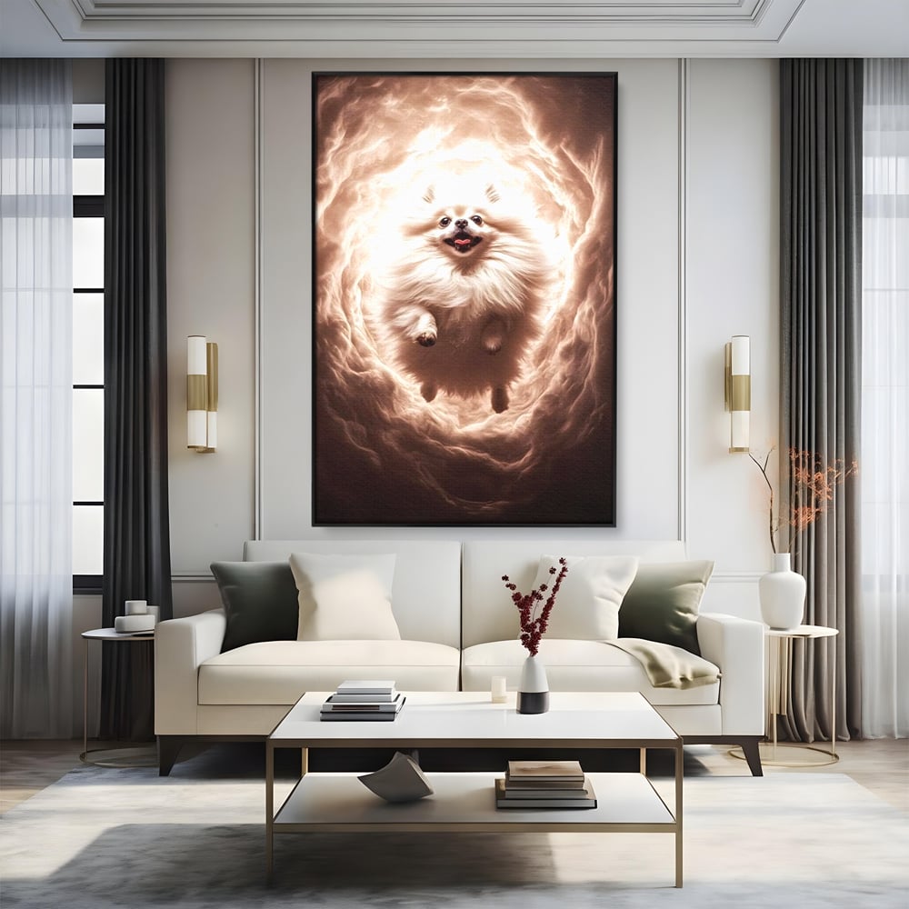 Tablou canvas cu tablou canvas cu caine pomeranian pufos, in rama de aluminiu negru, pe perete intr-un living
